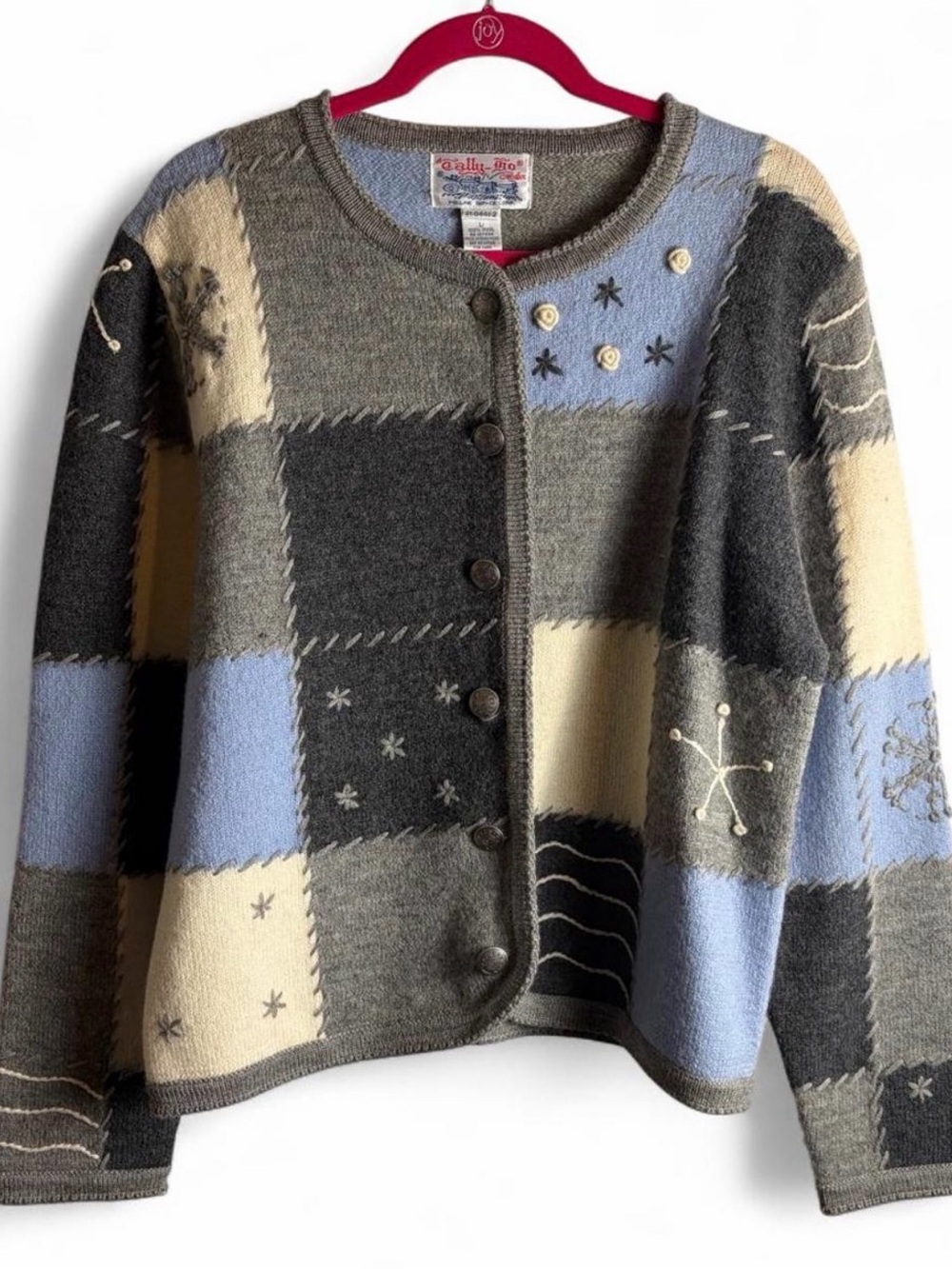 Vtg Tally Ho 100% Wool Patchwork Cardigan Sweater L Gray Blue Snowflake Winter - Picture 2 of 8